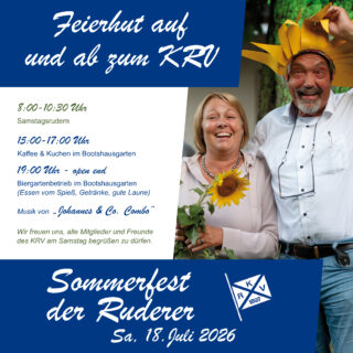 !!! TERMIN BLOCKEN !!!
Normalerweise sind Ruderer "Morgenwesen". Am 17. Juli zeigen wir aber, dass wir auch "Abend" können.
Dann heißt es wieder: Geselligkeit, Gutes vom Spieß und gute handgemachte Rockmusik bei uns im Biergarten. Schaut vorbei!
#Sommerfest #Feierhut
#KRV #einfachgut