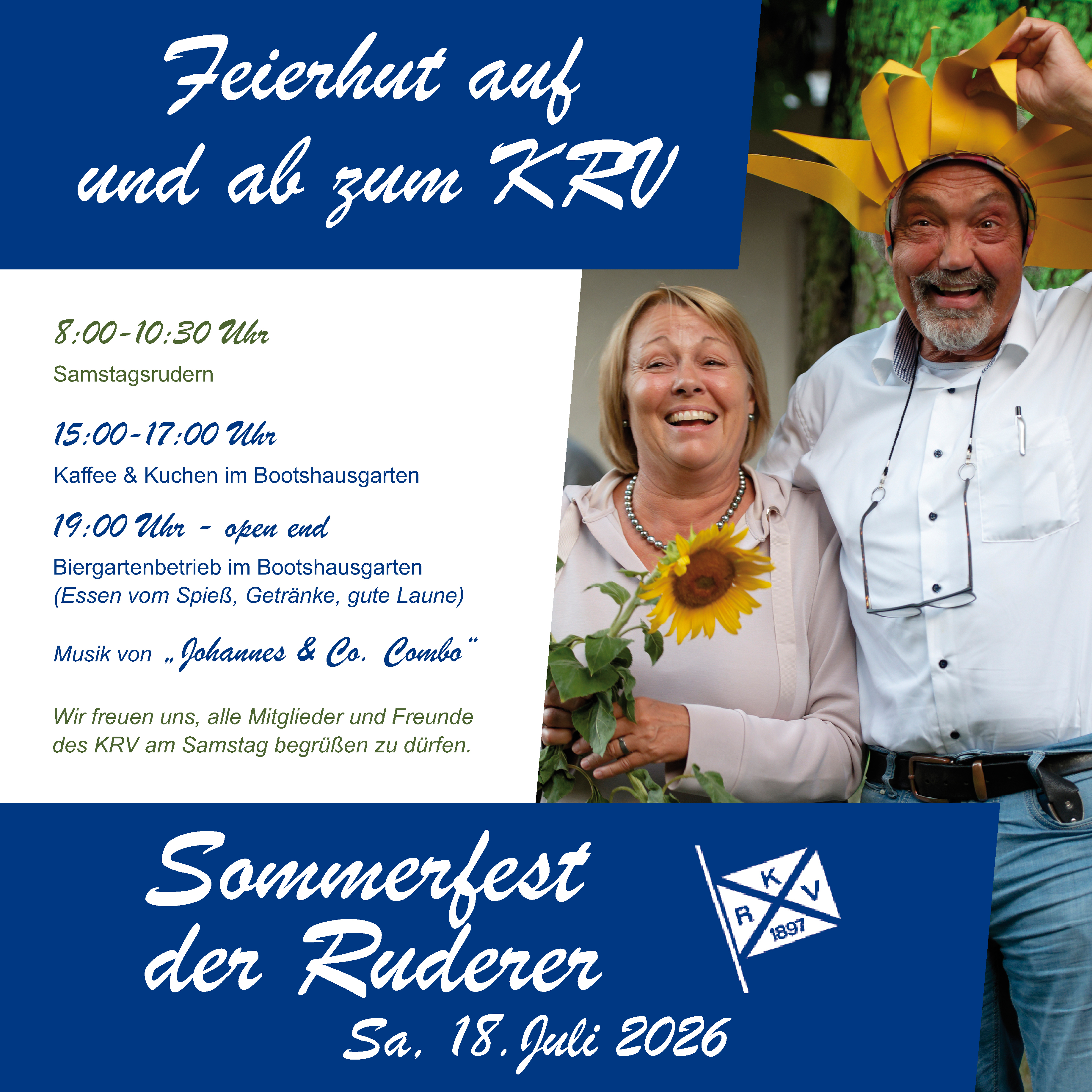 !!! TERMIN BLOCKEN !!!
Normalerweise sind Ruderer "Morgenwesen". Am 17. Juli zeigen wir aber, dass wir auch "Abend" können.
Dann heißt es wieder: Geselligkeit, Gutes vom Spieß und gute handgemachte Rockmusik bei uns im Biergarten. Schaut vorbei!
#Sommerfest #Feierhut
#KRV #einfachgut